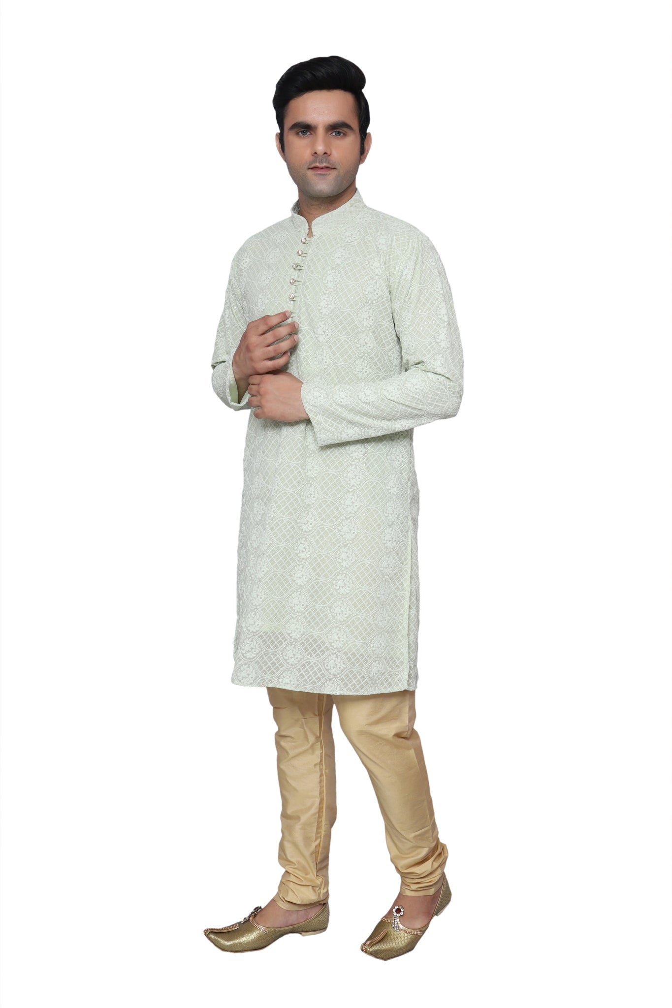 Chikankari Kurta Pajama Green For Men