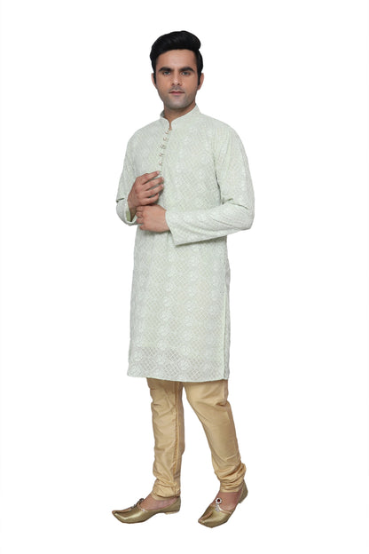 Chikankari Kurta Pajama Green For Men