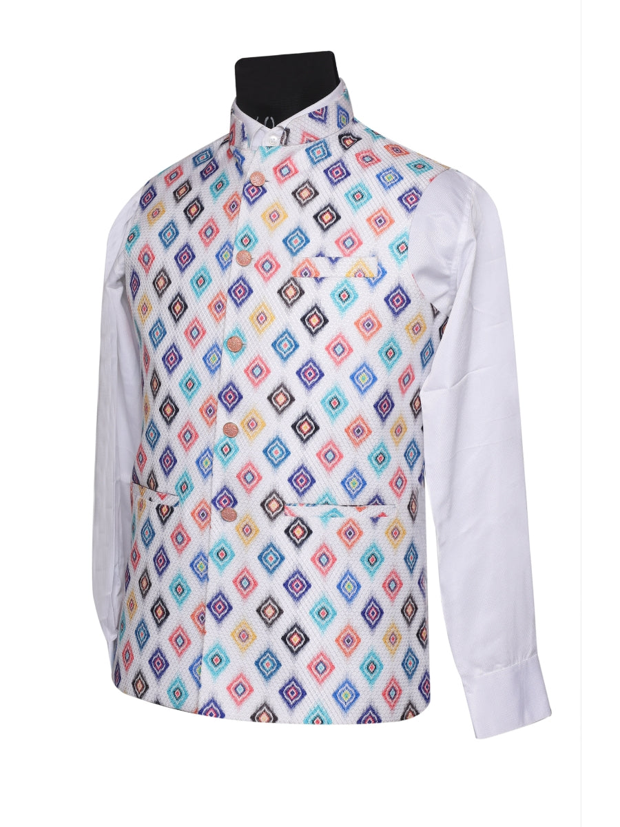 Crochet Printed White Jacket Kurta Set  Men