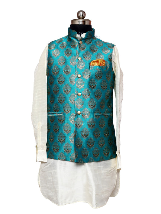 Jacket Kurta Set Banarasi Green For Men