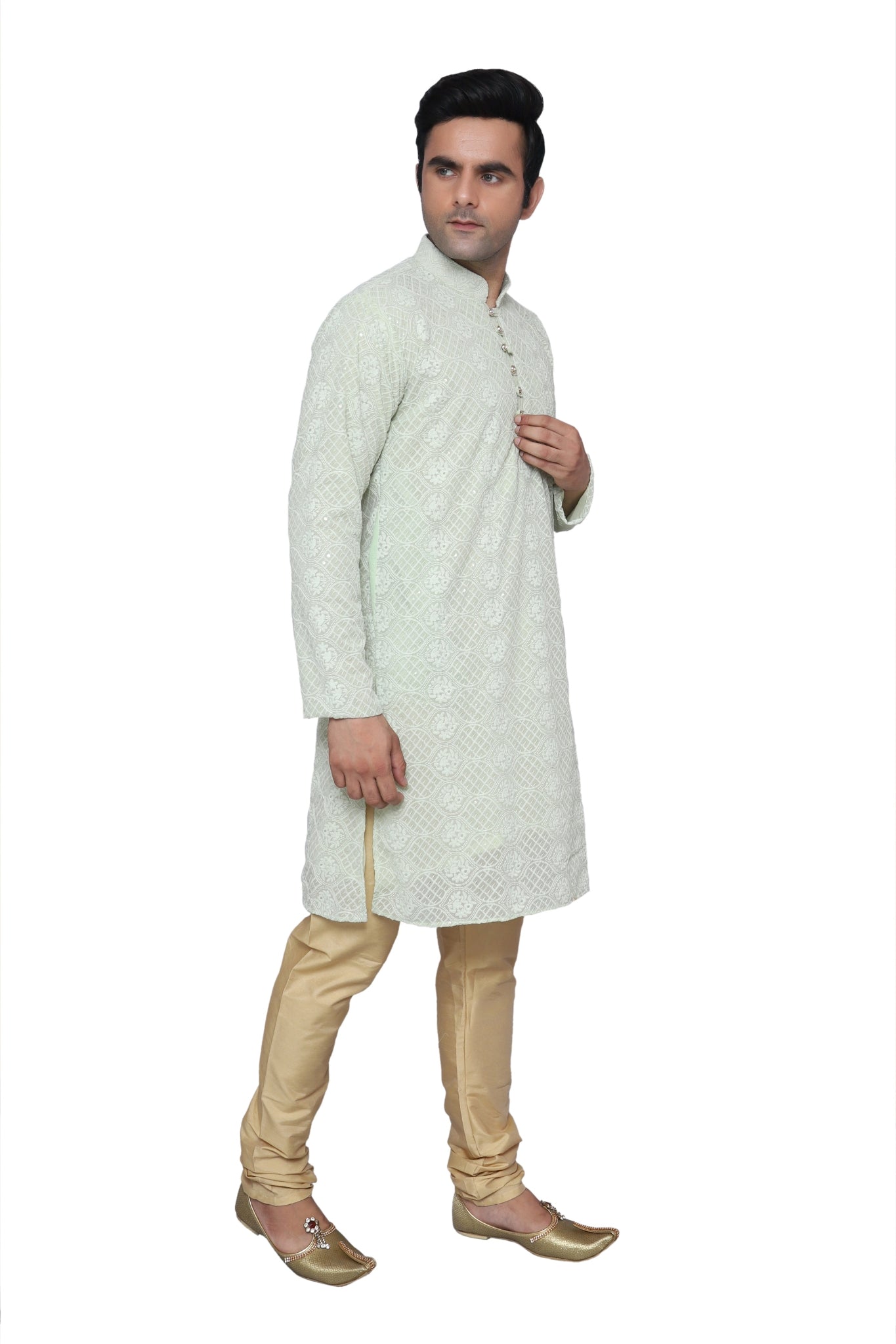 Chikankari Kurta Pajama Green For Men