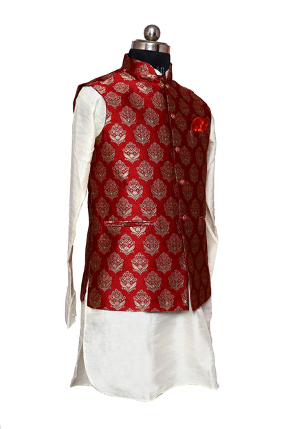 Jacket Kurta Set Banarasi Red For Men