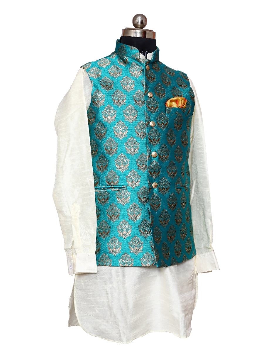 Jacket Kurta Set Banarasi Green For Men