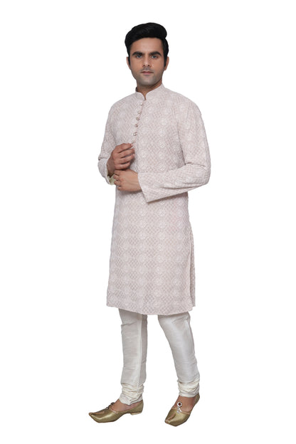 Chikankari Kurta Pajama Light Gold For Men