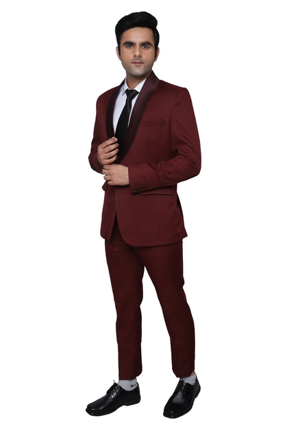 Tuxedo Two Piece Maroon Textured Formal Suit For Men