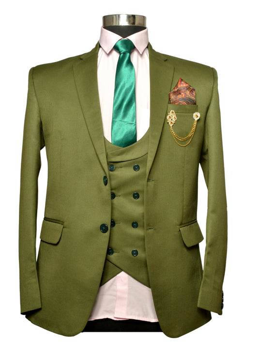 Party Wear Three Piece Suit Green For Men