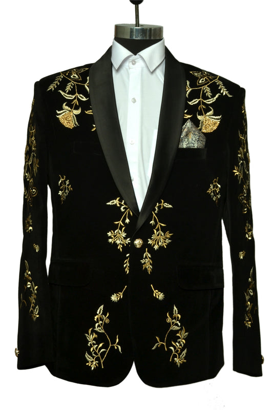 Grace Of Golden Zari And Hand Embroidery Two Piece Suit Black For Men