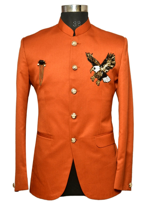 Jodhpuri Suit Dark Orange Emboidery Pattern For Men